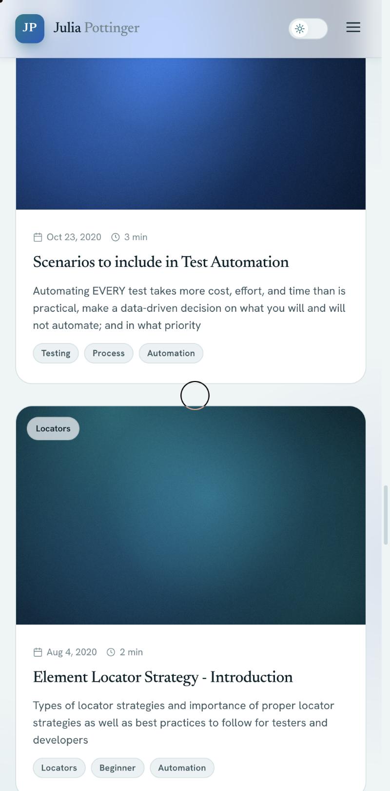 Mobile article cards showing blank gradient placeholders where the original post images should be