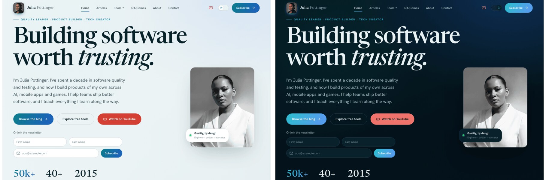 The homepage in light mode and dark mode, side by side