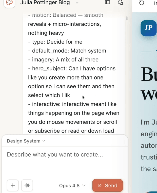 The Claude Design chat, showing the design-system choices: motion, type, default mode, imagery, and the hero