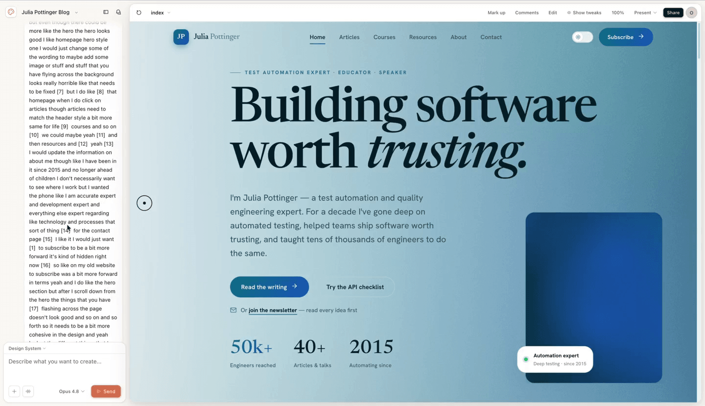 The homepage as a working design inside Claude Design, before any project code existed