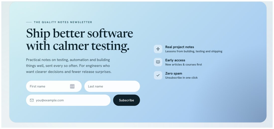 The finished newsletter signup with first name, last name and email fields and a Subscribe button