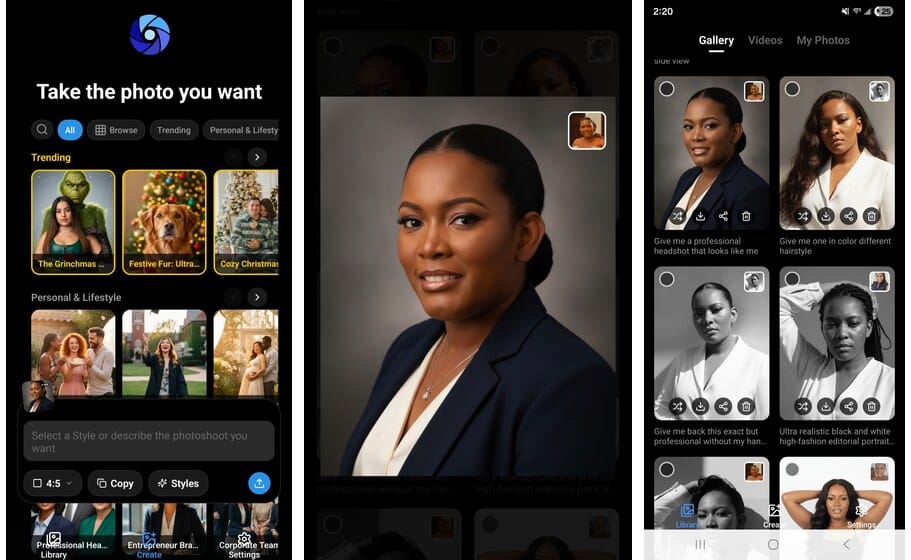 The Fosho AI app: the create screen with style options, a finished portrait, and a gallery of generated headshots