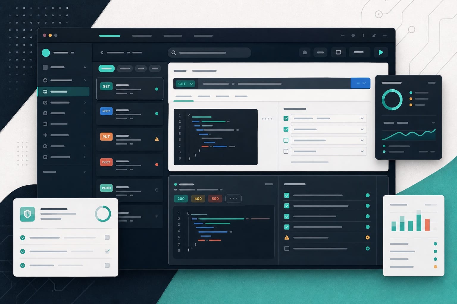 API testing dashboard preview with request panels, response checks, and progress cards.