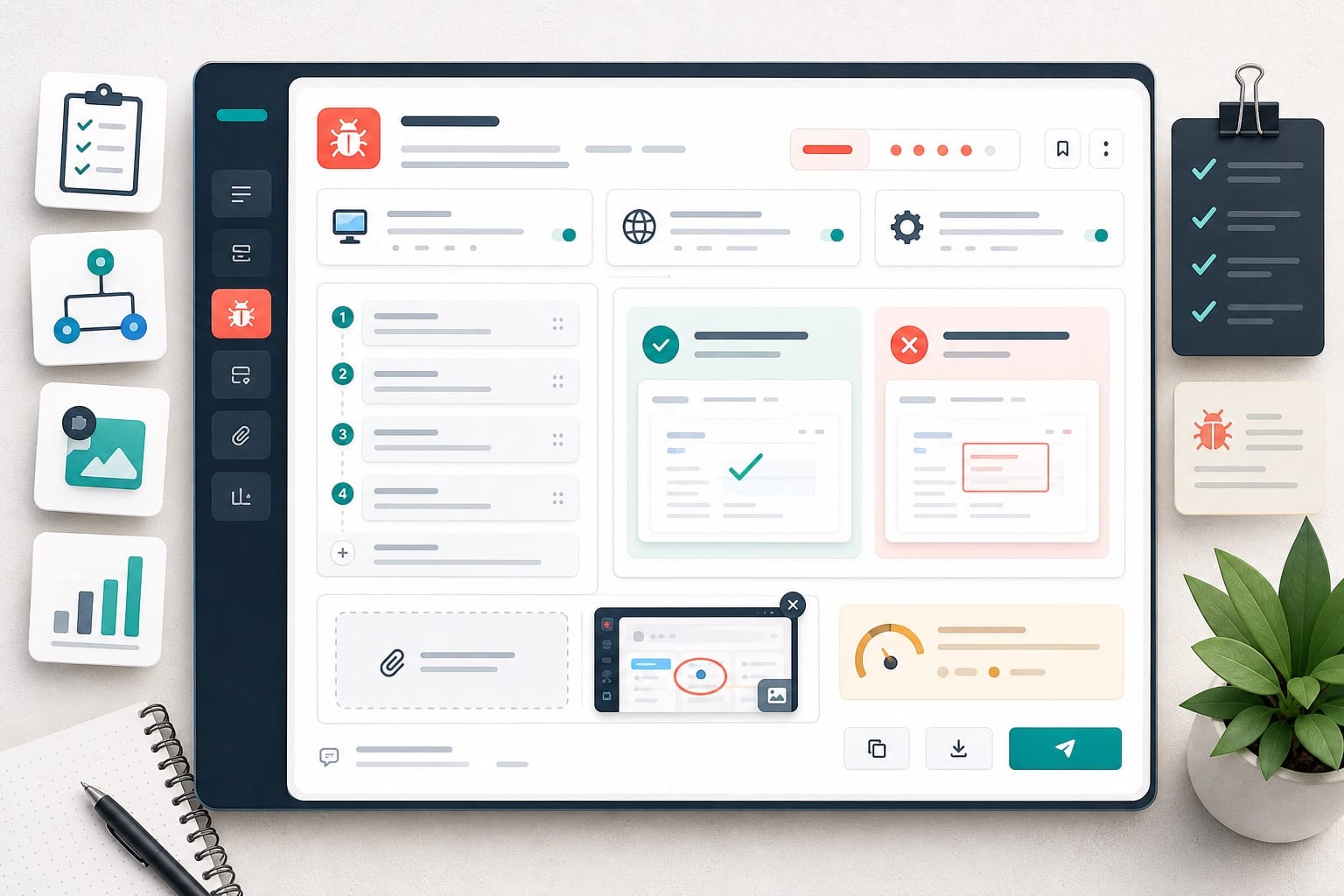 Bug report builder preview with repro steps, expected versus actual panels, and severity details.