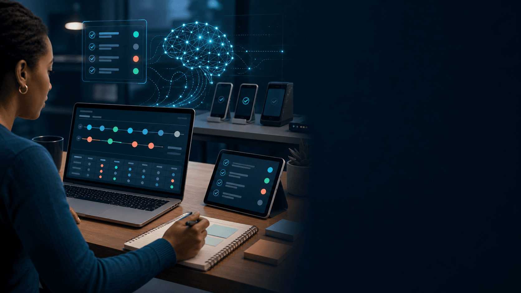 A premium automation lab with devices, dashboards, and test execution signals.