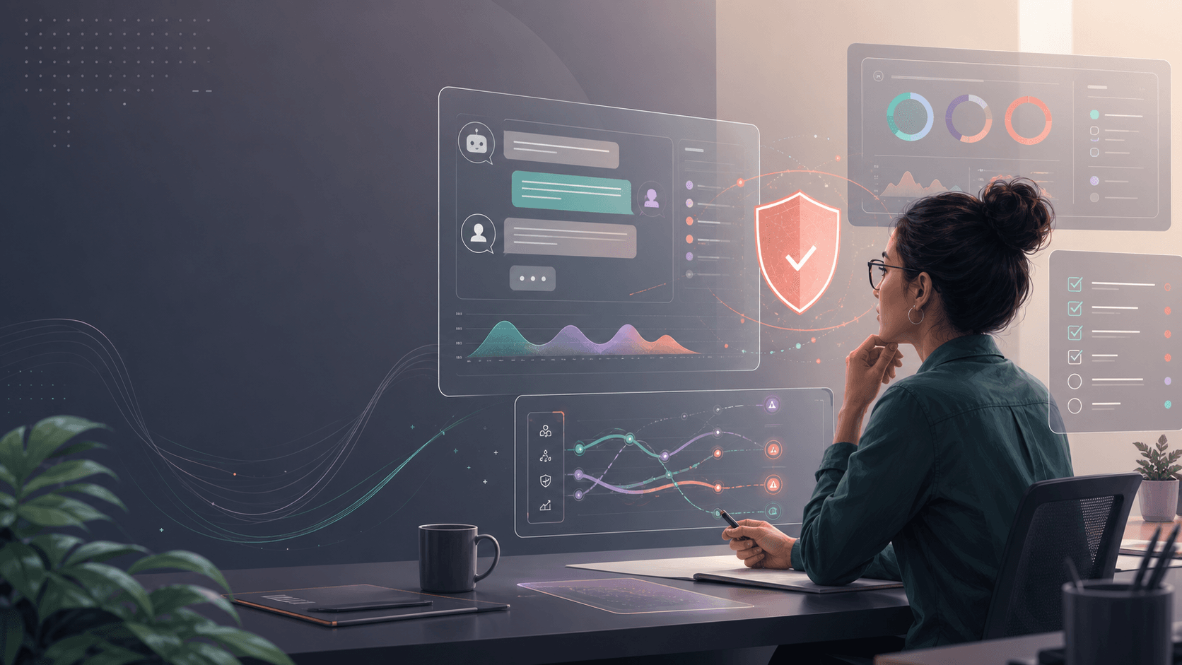 A quality engineer reviewing AI behavior, guardrails, and evaluation dashboards.
