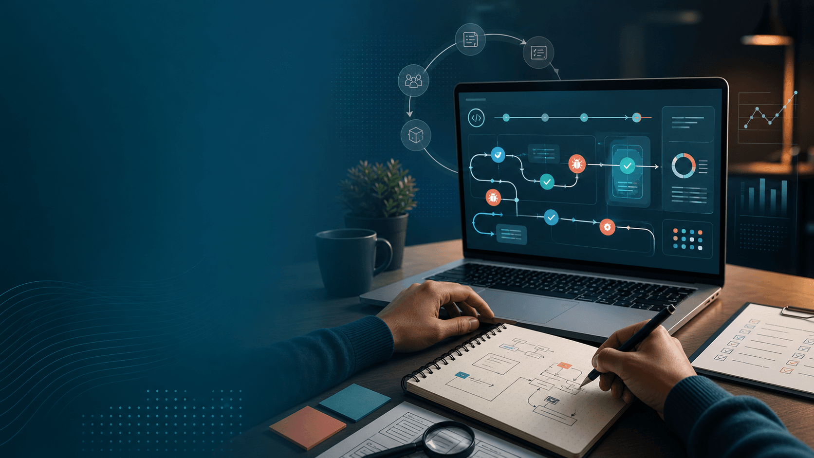 A QA desk with bug-report artifacts, screenshots, device icons, and severity-priority visuals.