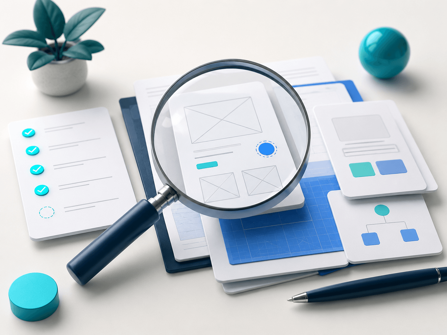 A magnifying glass over wireframes, requirement cards, and a checklist, catching an issue early before any code is written.