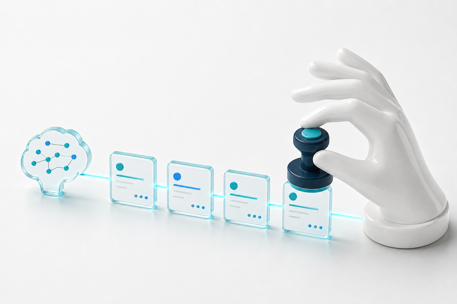 An AI-assist scene where drafted cards flow along a teal line into a human checkpoint.