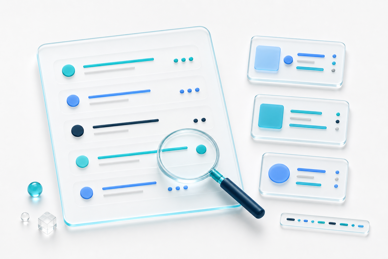 A defect evidence flat-lay with a glass report card, a magnifier, and screenshot tiles.