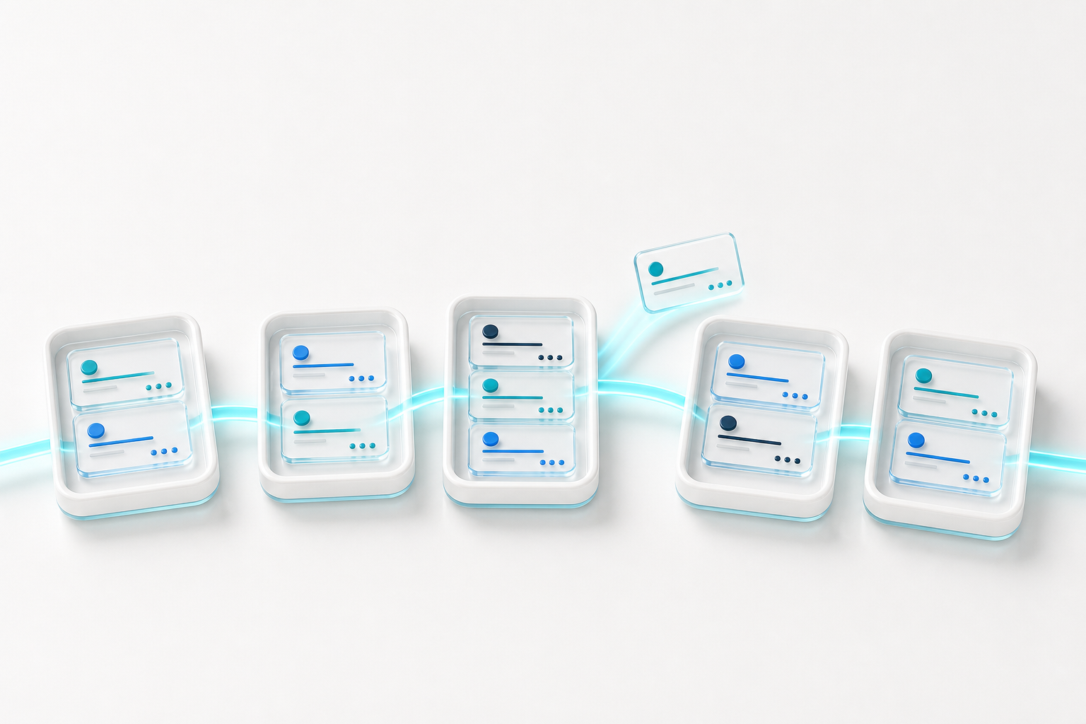 Five ceramic kanban columns joined by a glowing teal path, with one card travelling along it.