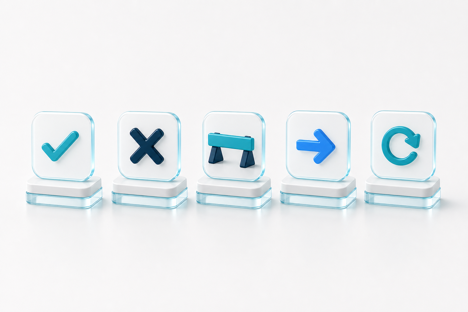 A row of ceramic status tokens on pedestals, one for each execution outcome.