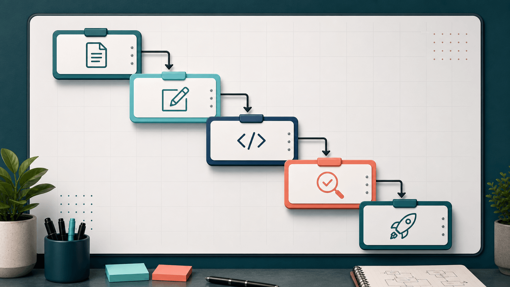Waterfall model shown as a one-way cascade of software delivery stages.