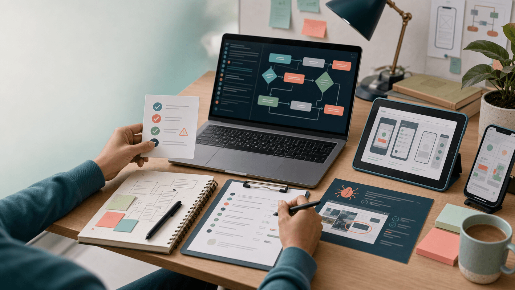 A QA engineer workspace with requirements, risk notes, devices, test cases, and defect evidence.
