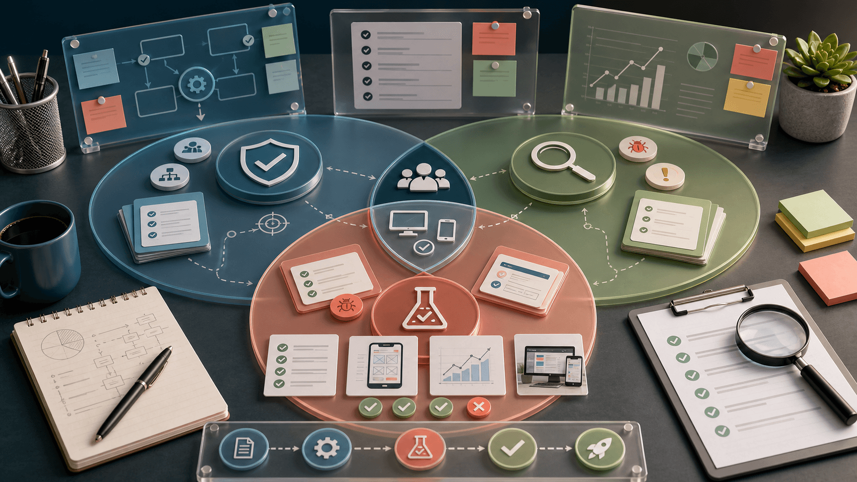 Premium QA, QC, and testing relationship visual with process, product, and evidence zones.