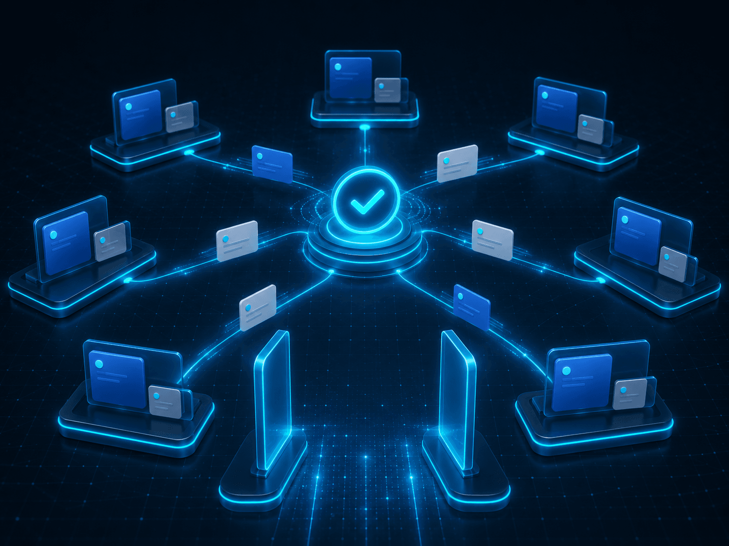 A quality hub sharing evidence to surrounding team nodes through an open gateway.