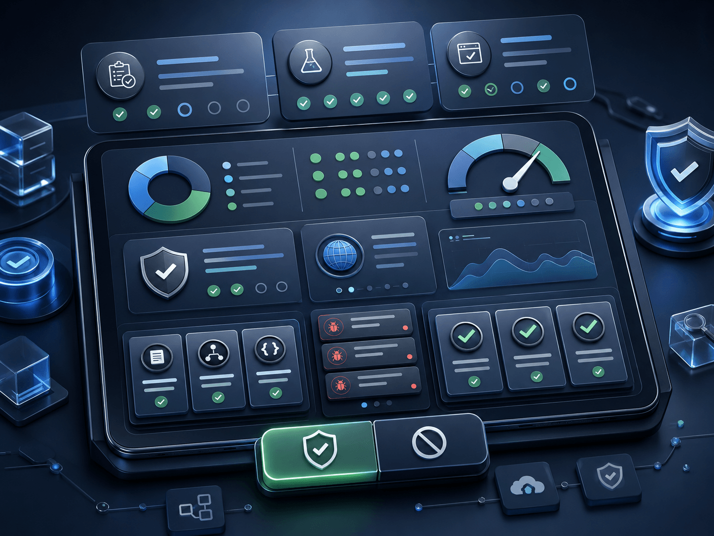 QA release summary preview with build details, evidence cards and a go/no-go decision panel.