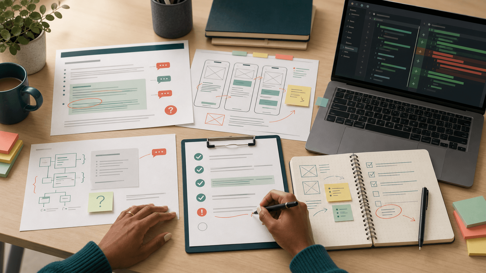 Static testing review workspace with requirements, wireframes, API notes, code review, and checklist evidence.