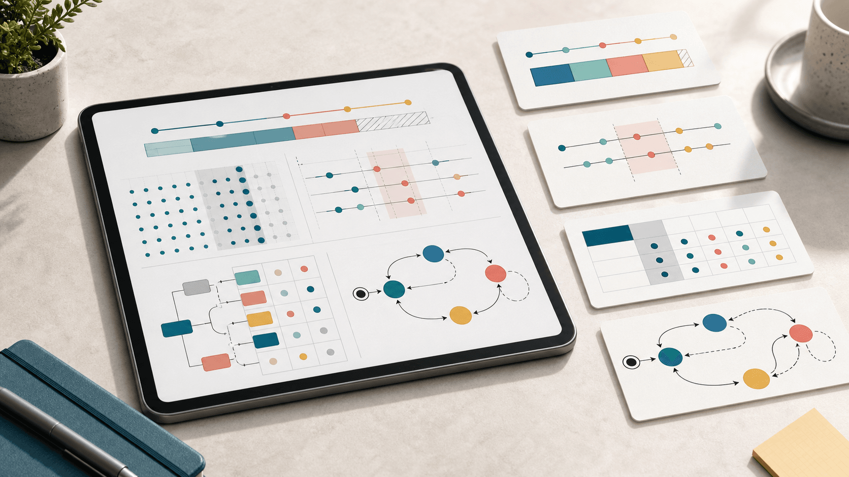 Test case builder preview: a tablet showing boundary matrices, a decision table and a state-transition diagram.