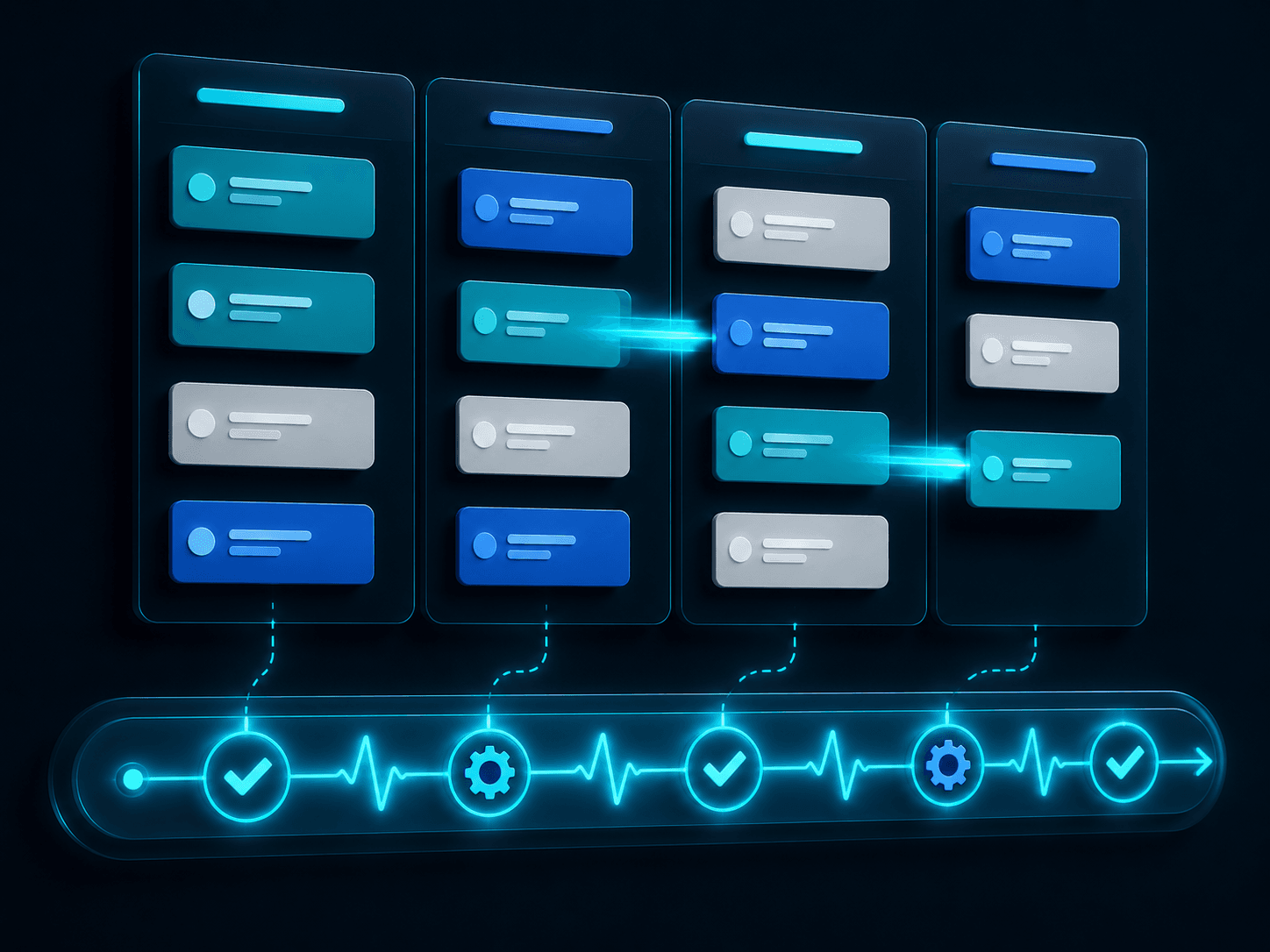 A team working a board with continuous testing woven through the flow.