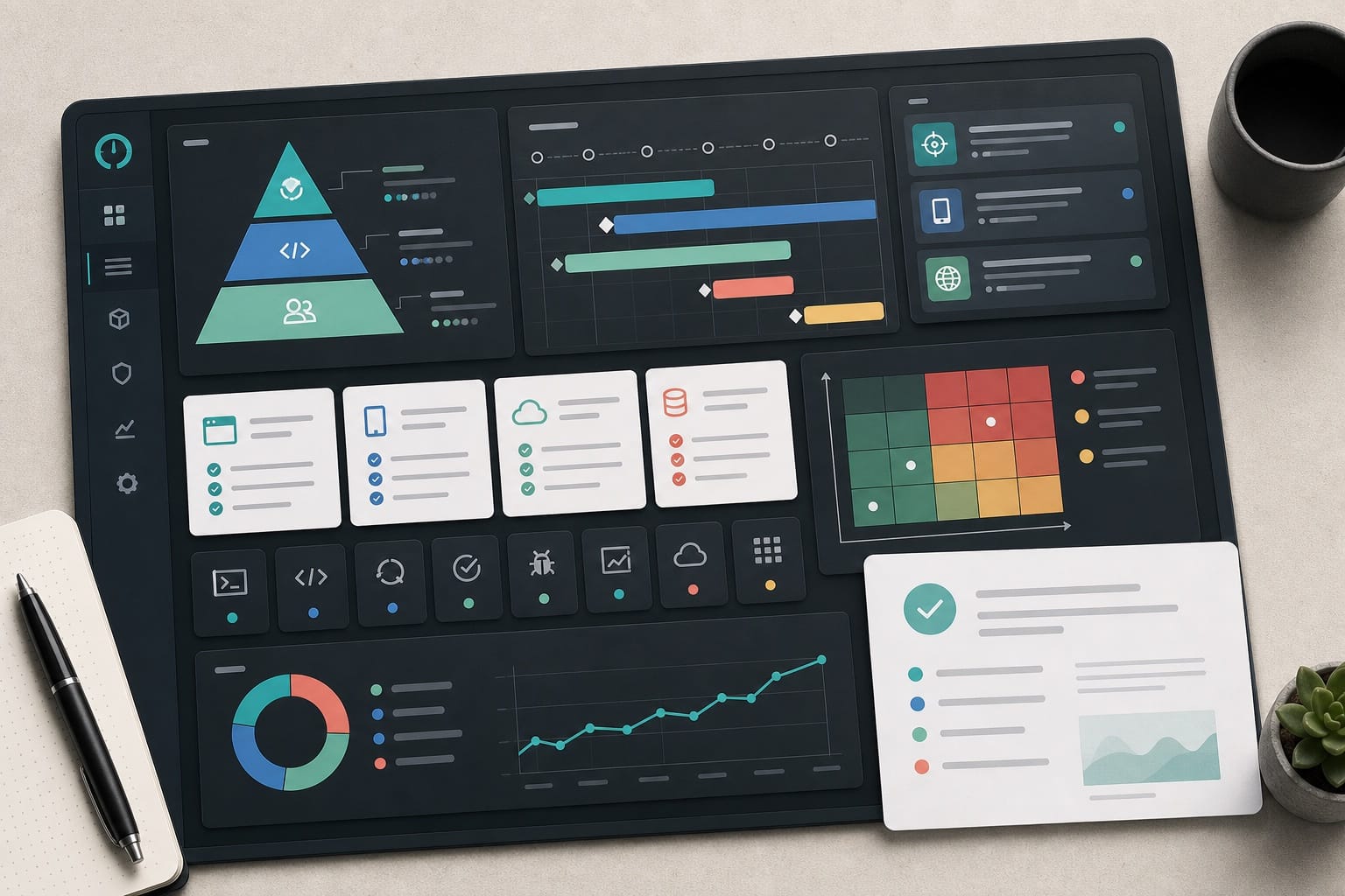 Automation strategy dashboard preview with a test pyramid, timeline, and planning cards.