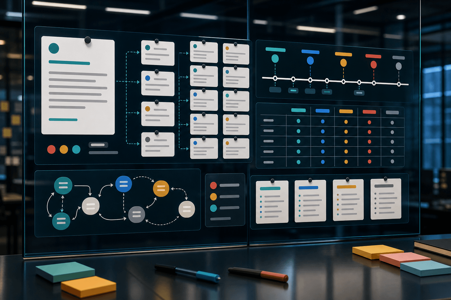 Course preview: a glass planning wall showing requirement cards, partition groups, boundary markers, a decision table and state-transition flow.
