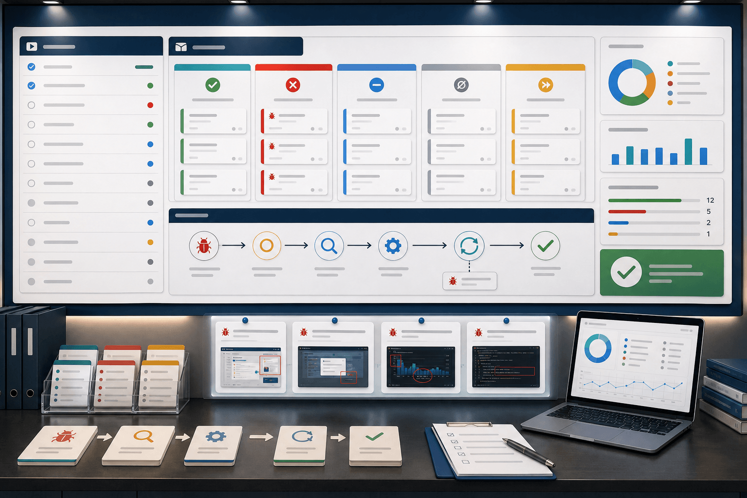 Course preview: a release workflow wall with status lanes, defect cards, evidence panels, lifecycle checkpoints and execution metrics.