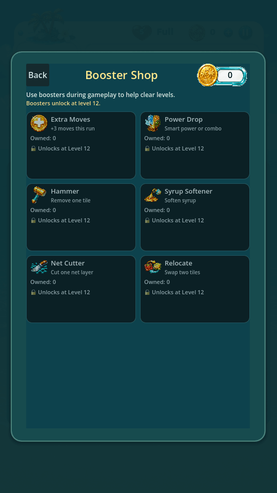 The Tropic Tumble Booster Shop rendered as flat dark panels on a plain dark background, the booster cards and labels all correct but the lower third of the screen left empty