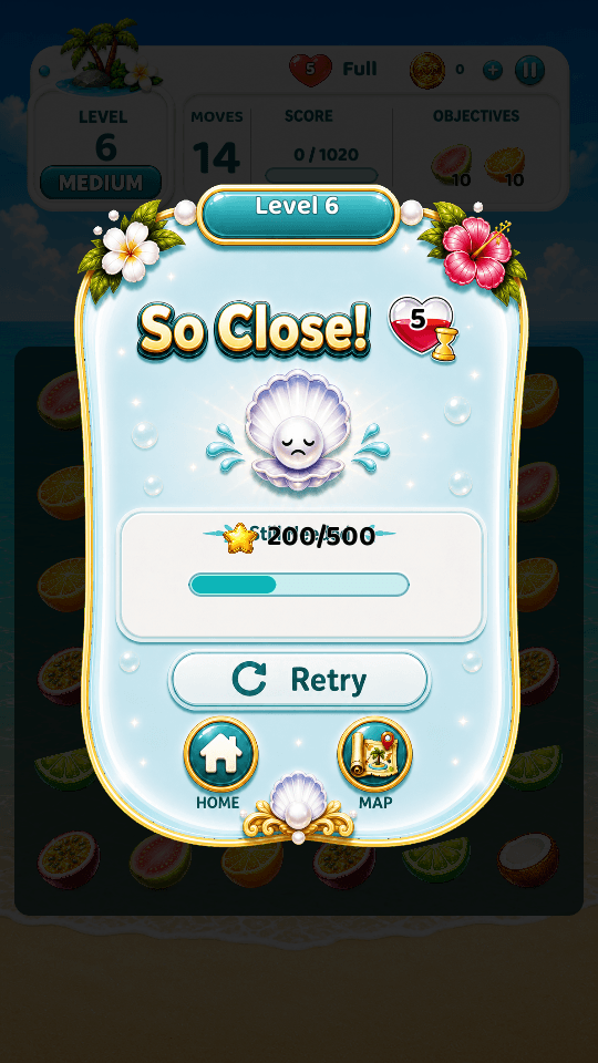 A Tropic Tumble fail overlay where the star objective icon and the score text overlap in the middle of the popup
