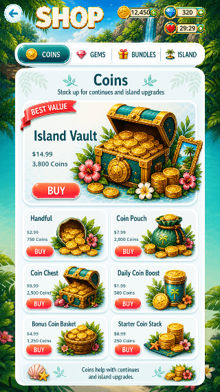 The Tropic Tumble coin shop captured at 320 by 568, the tabs and a full grid of coin packs packed in tightly with small cards