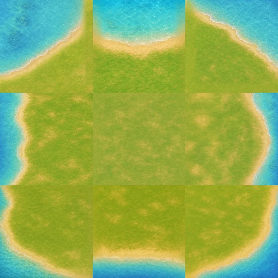 An attempt to build one island out of separately AI-generated large pieces, assembled into a three-by-three grid: each piece is a different shade of green with hard visible seams and a coastline that breaks at every join