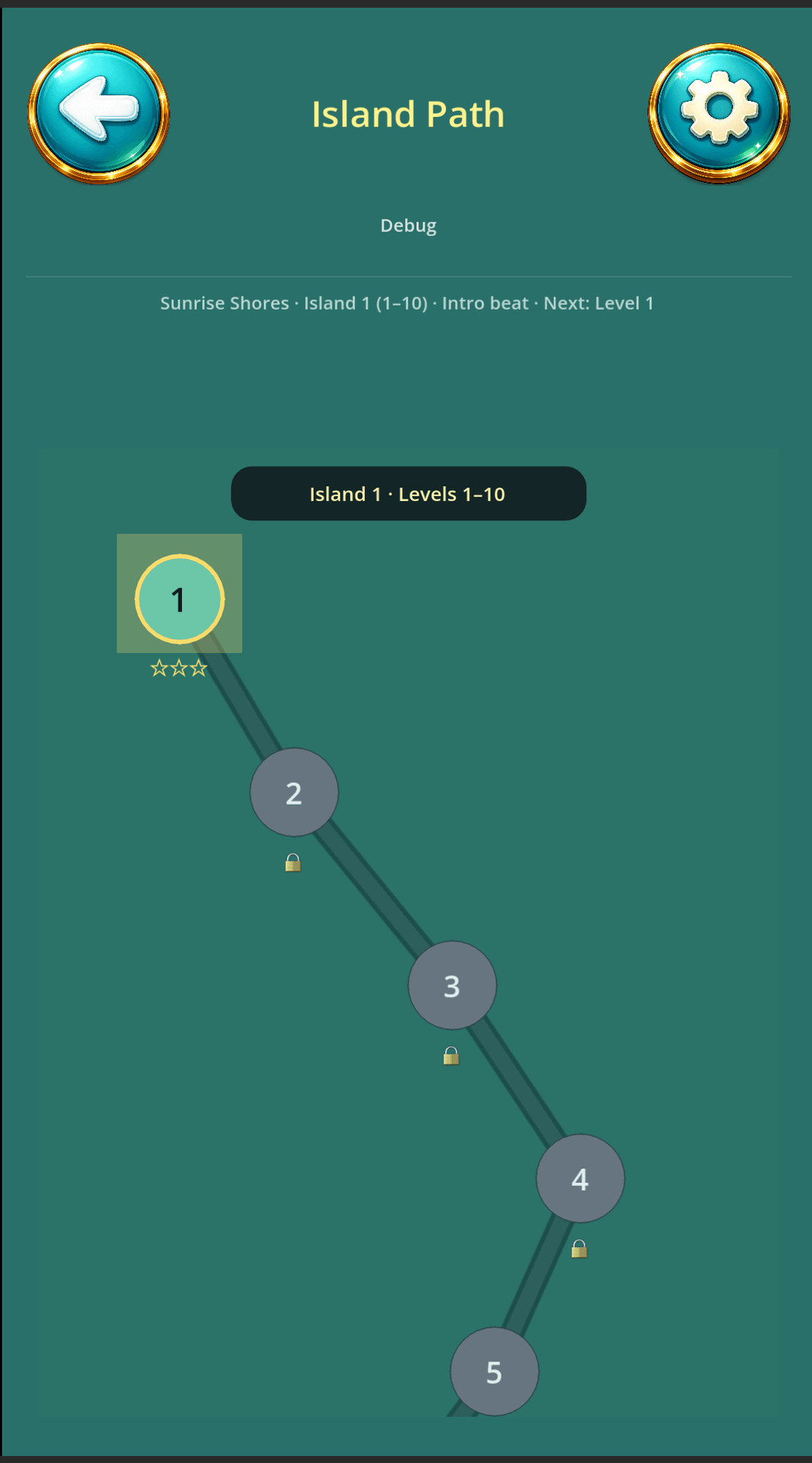 The early Tropic Tumble island map: a plain teal debug screen with numbered level circles on a simple path