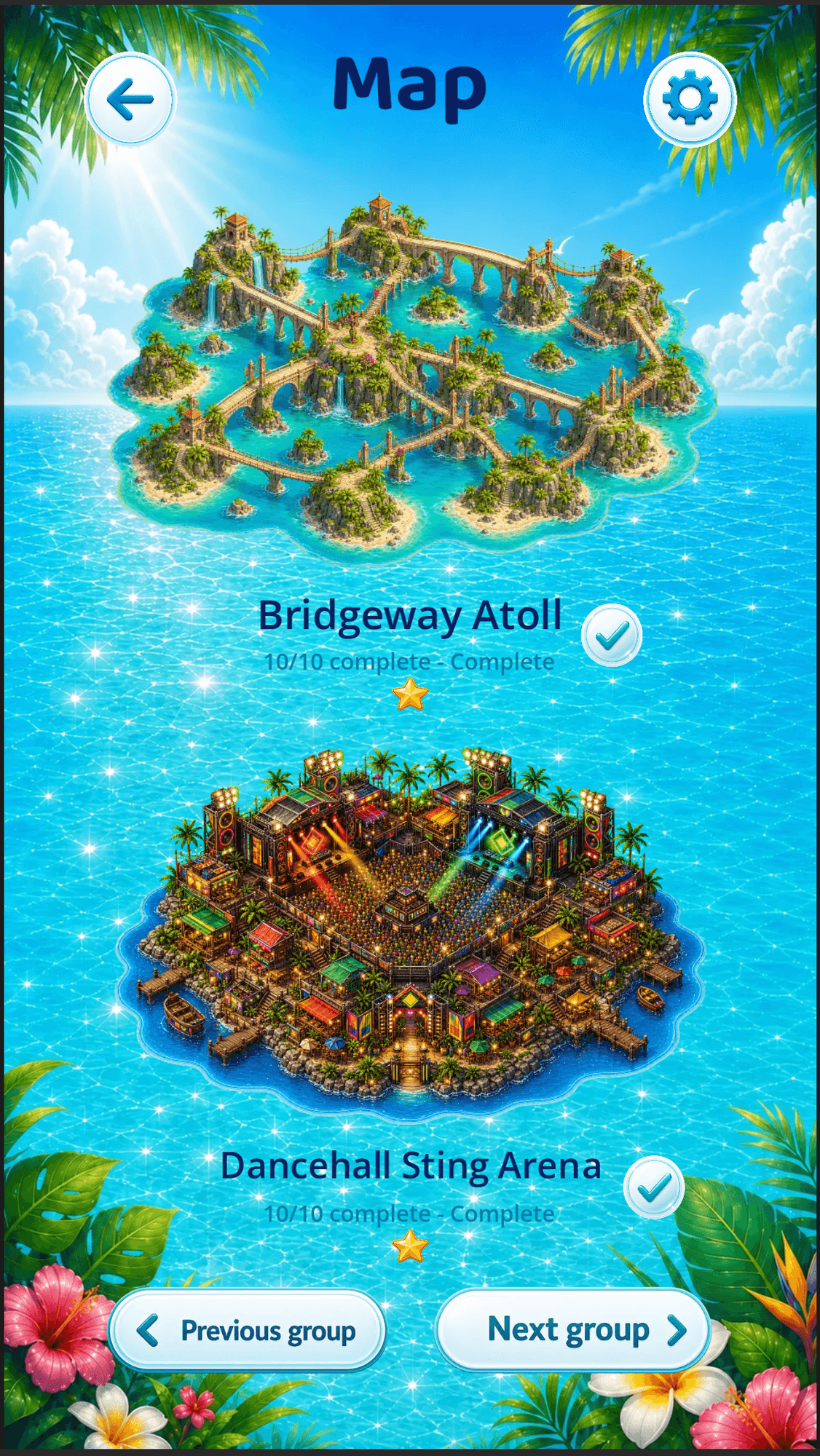The current Tropic Tumble map: illustrated tropical islands over an ocean, with named, completed island groups