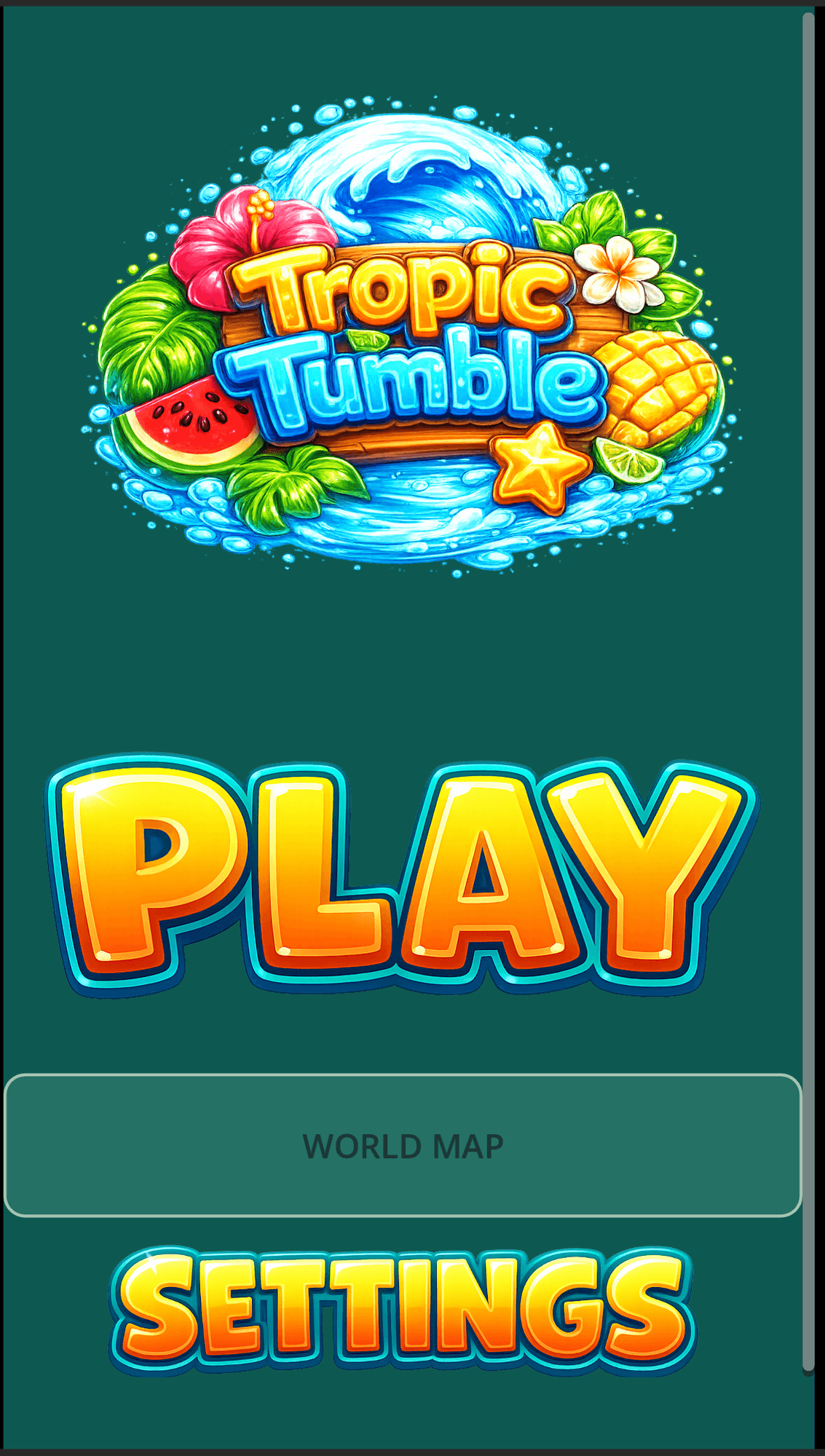 The early Tropic Tumble entry screen: a plain teal background with the logo, a Play button, World Map, and Settings