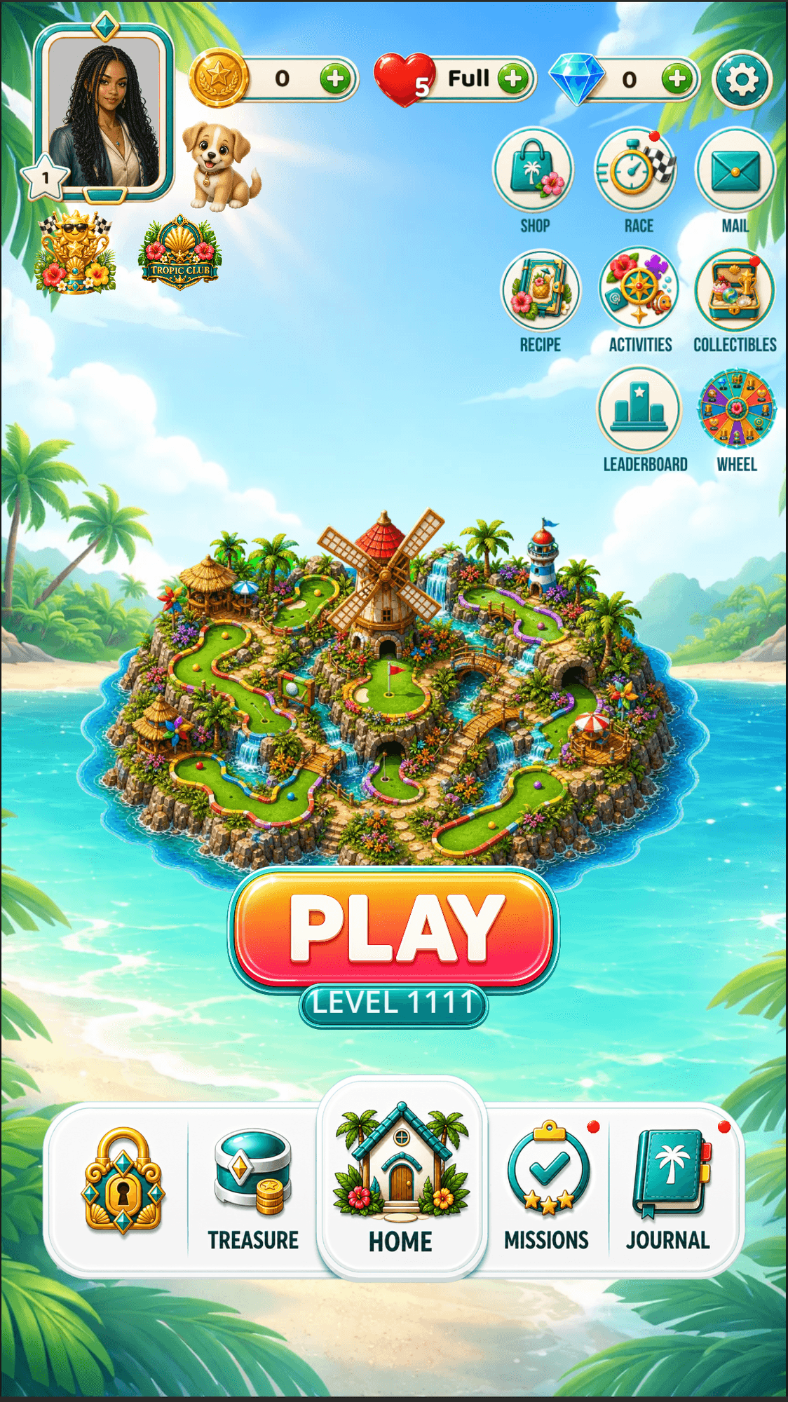 The current Tropic Tumble home hub: avatar, pet, currencies, an illustrated island, full navigation, and Play at level 1111