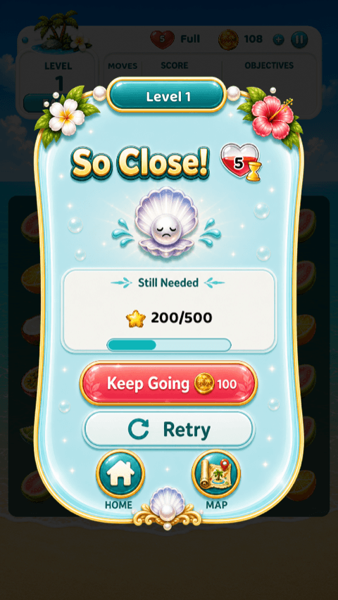 The level-failed screen with retry choices and a clear next action for the player