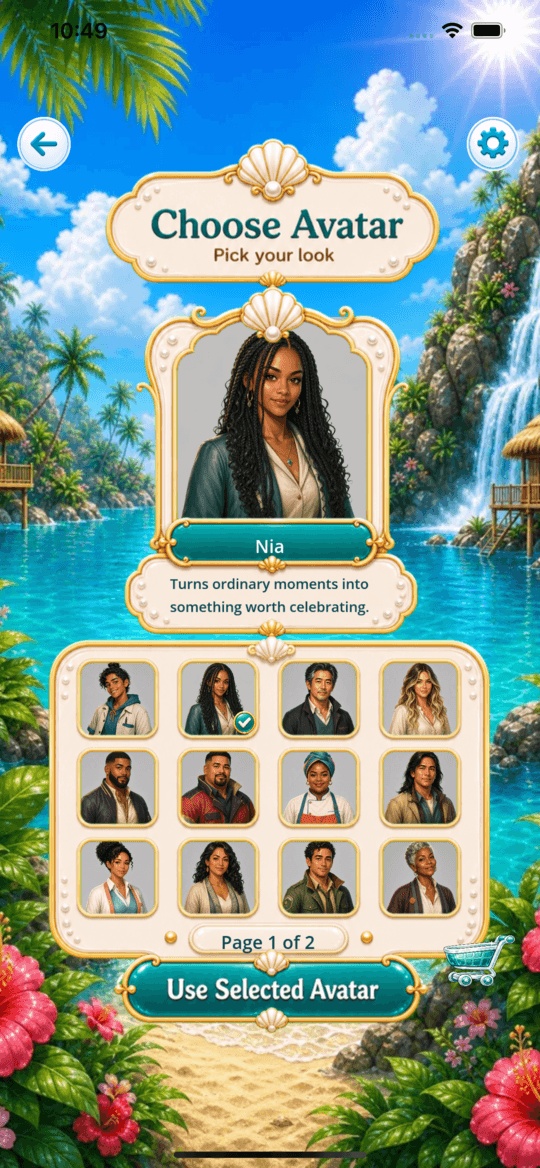 The current Tropic Tumble avatar picker on iPhone with portrait choices and a clear selected-avatar action