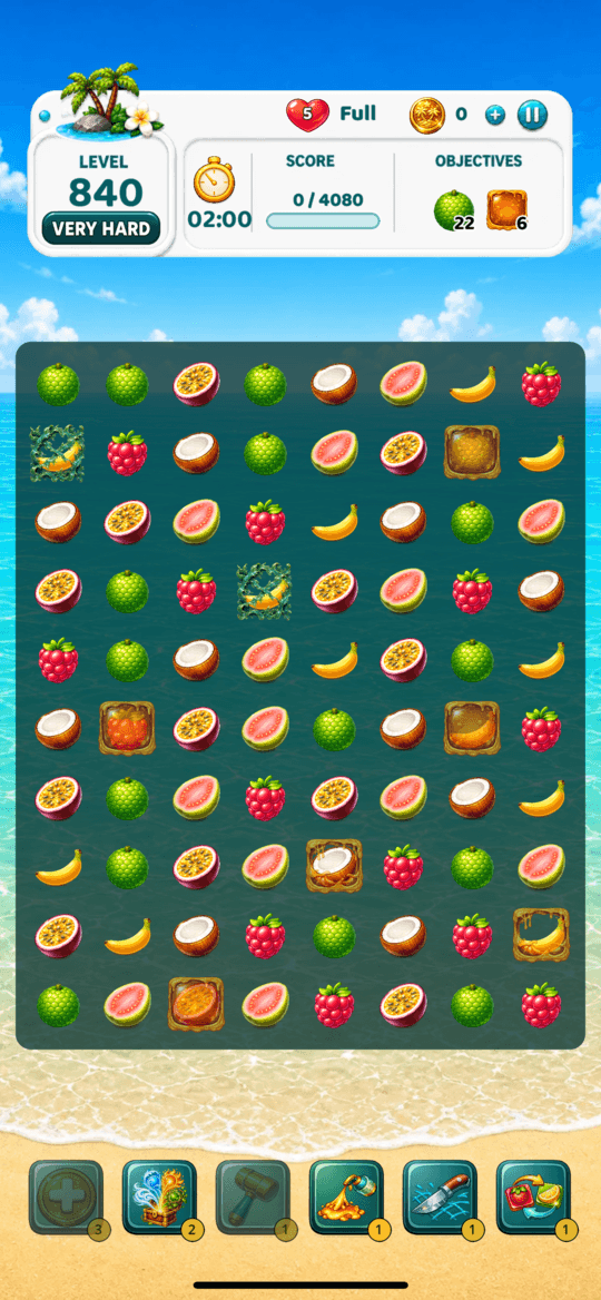 Tropic Tumble level 840 gameplay on iPhone with objectives, fruit tiles, timer, and booster tray visible