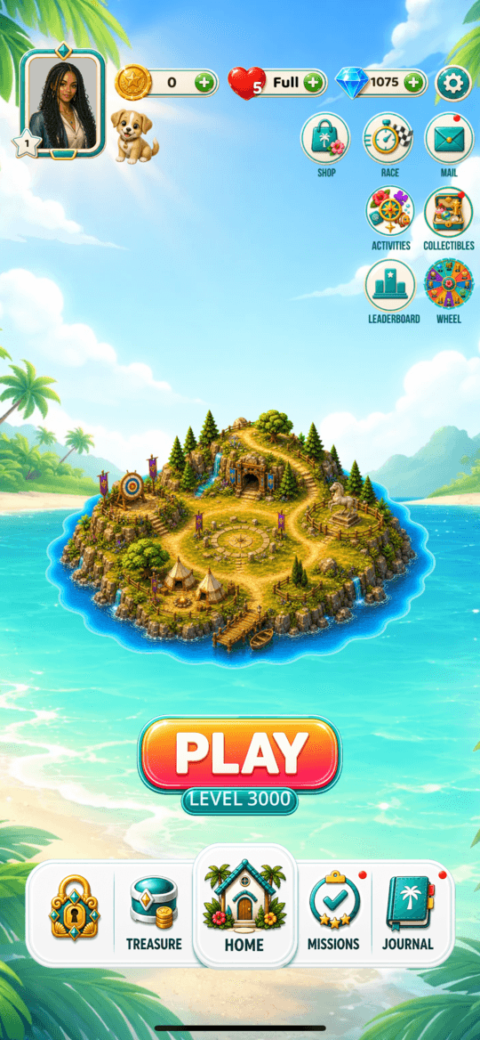 The current Tropic Tumble home hub on iPhone with avatar, pet, currencies, event buttons, and level 3000 visible