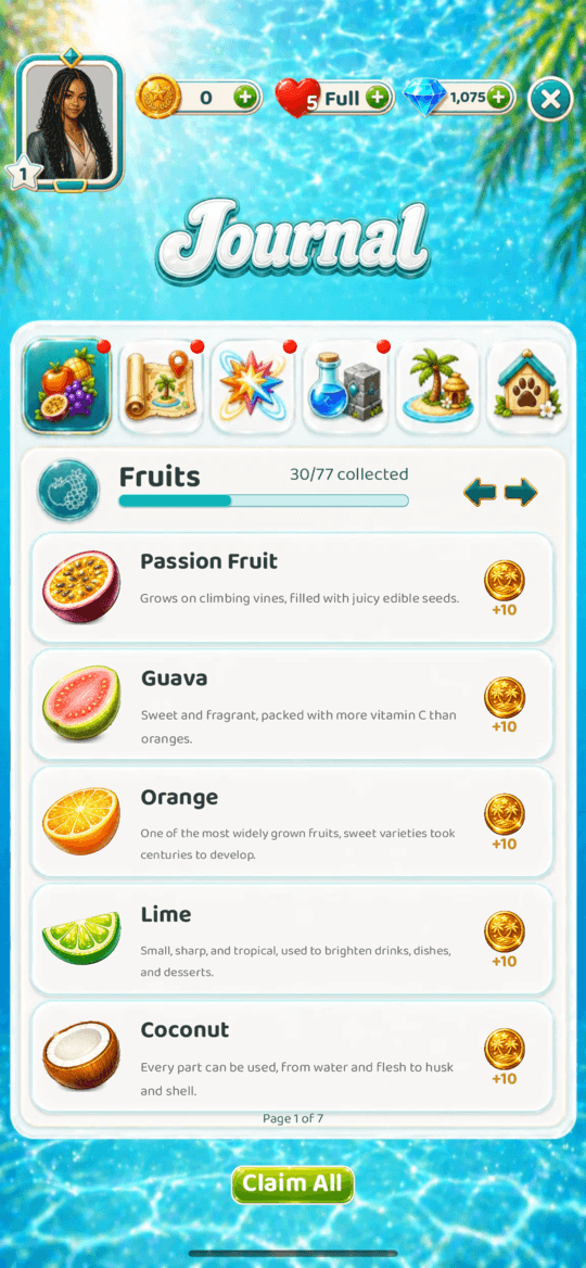 The Tropic Tumble journal on iPhone: a Fruits collection tab with passion fruit, guava, orange, lime, and coconut entries, collected counts, and a Claim All button