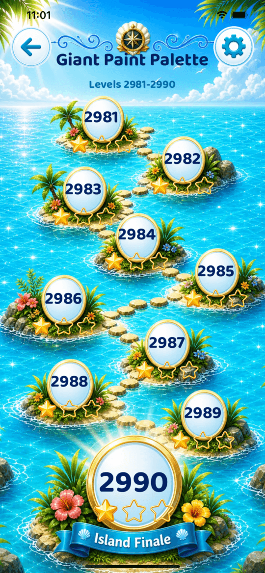 The current Tropic Tumble island map on iPhone with the final island path and levels 2981 through 2990 visible