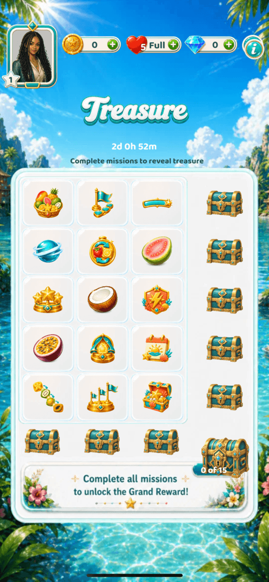 The current Tropic Tumble treasure screen on iPhone with reward chests and progress visible