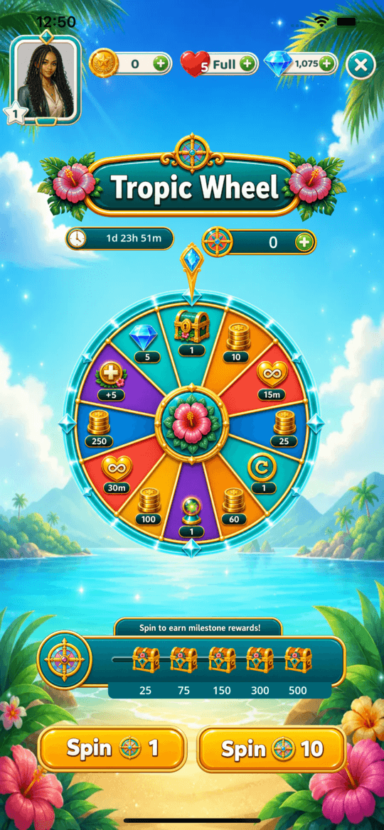 The Tropic Tumble prize wheel on iPhone: a segmented Tropic Wheel with rewards, spin costs, and currency counters
