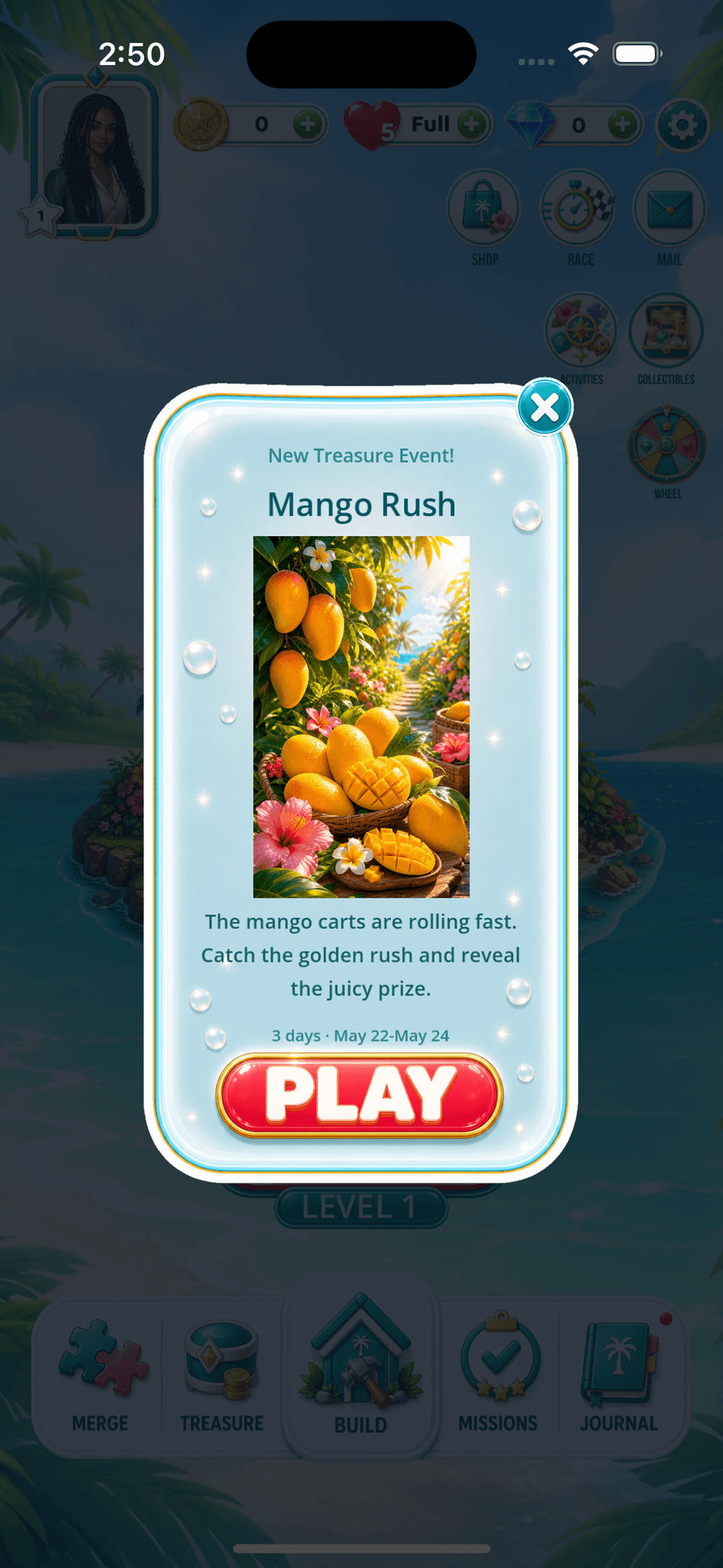 Tropic Tumble running on a real iPhone: the home hub with a treasure-event popup, the Dynamic Island and status bar clear at the top and the home indicator and bottom navigation row clear at the bottom