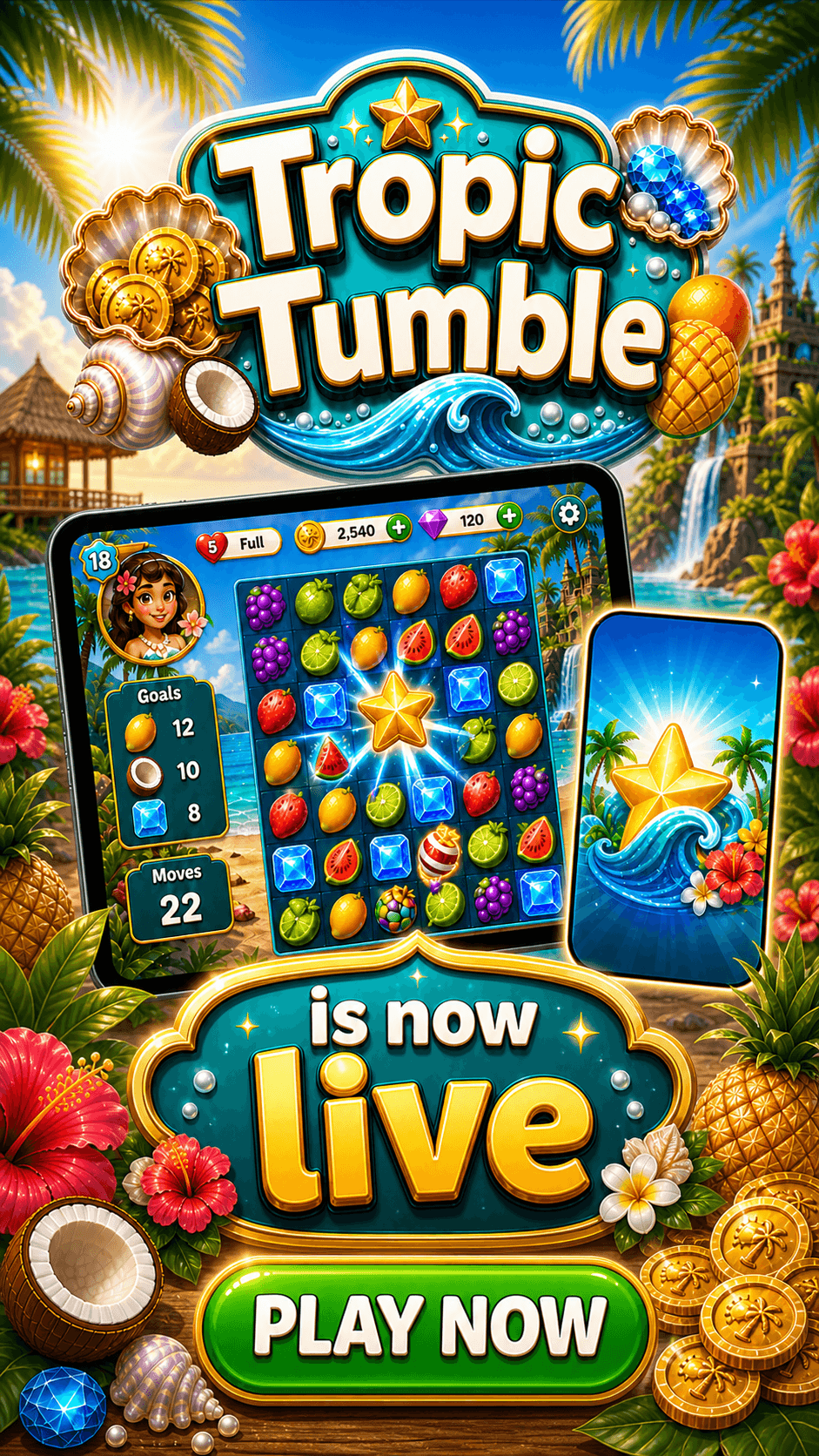 A Tropic Tumble launch ad creative with the game logo, tropical fruit, coins, gems, and a Play Now button