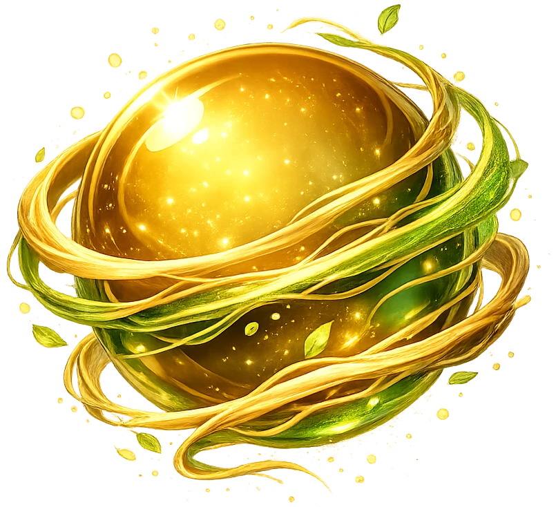 The Tropic Tumble Earth power icon: a glossy gold orb wrapped in green vines and leaves, on a transparent background