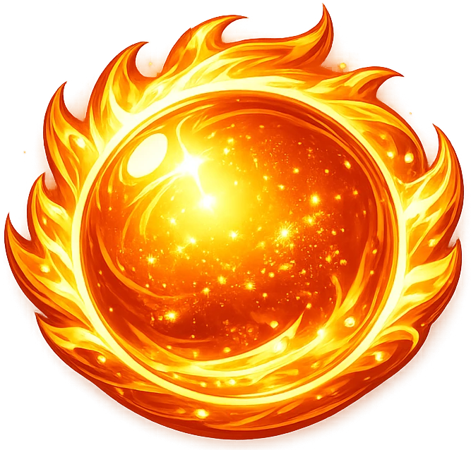 The Tropic Tumble Solar power icon: a glossy gold orb ringed with flame, on a transparent background