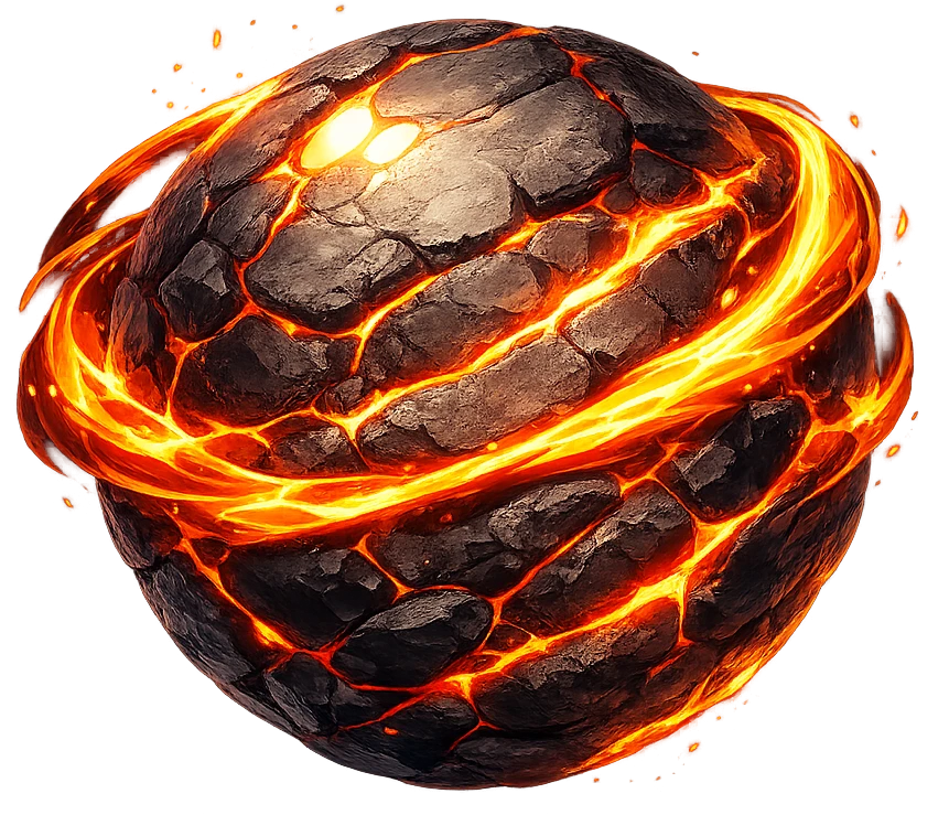 The Tropic Tumble Volcano power icon: a dark cracked-rock orb veined with glowing orange lava, on a transparent background