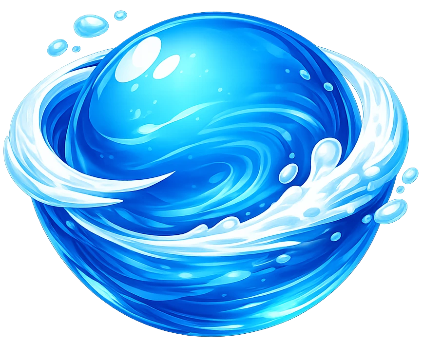 The Tropic Tumble Water power icon: a glossy blue orb wrapped in a curling wave of foam, on a transparent background