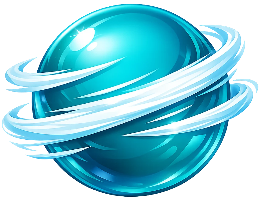 The Tropic Tumble Wind power icon: a glossy teal orb wrapped in white wind swirls, on a transparent background